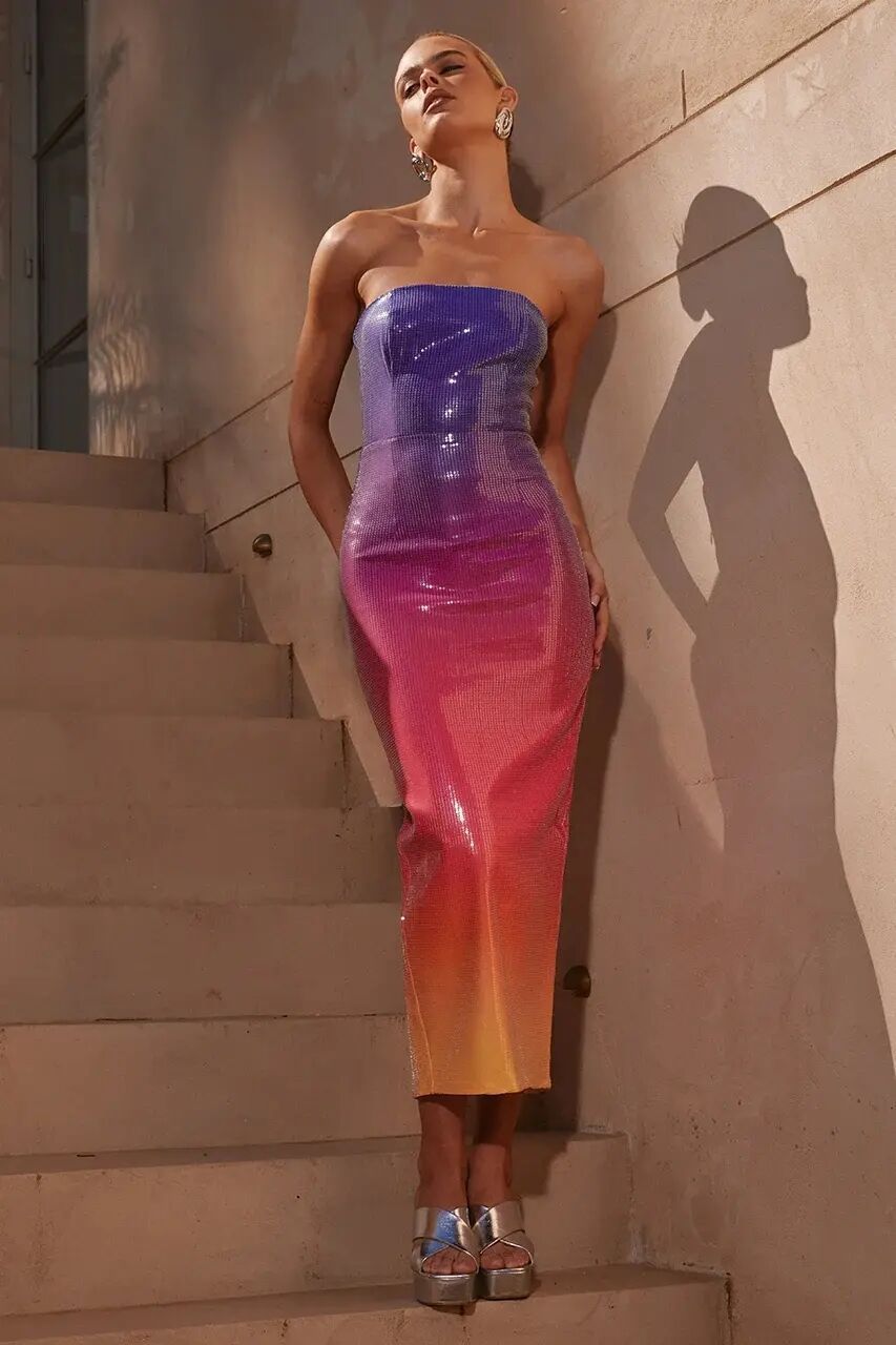 European And American Women's Clothing Fashion Sexy Figure Tube Top High Waist Gradient Color Dress Women