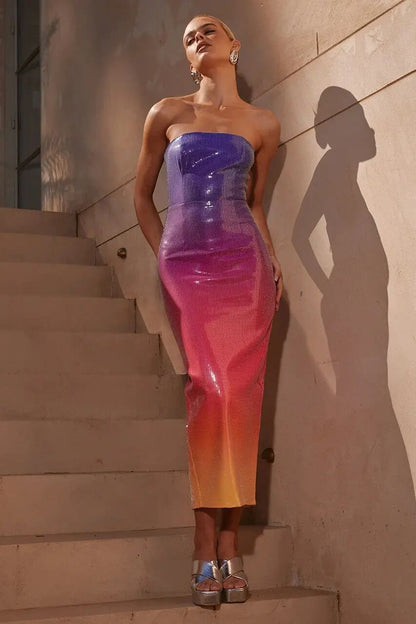 European And American Women's Clothing Fashion Sexy Figure Tube Top High Waist Gradient Color Dress Women