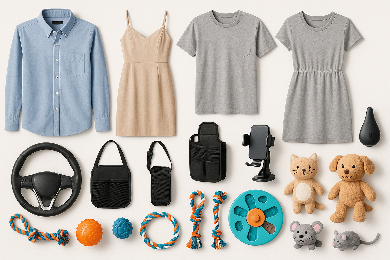 An array of products, representing a dropshipping store specializing in his and hers wardrobe, car accessories and pet toys
