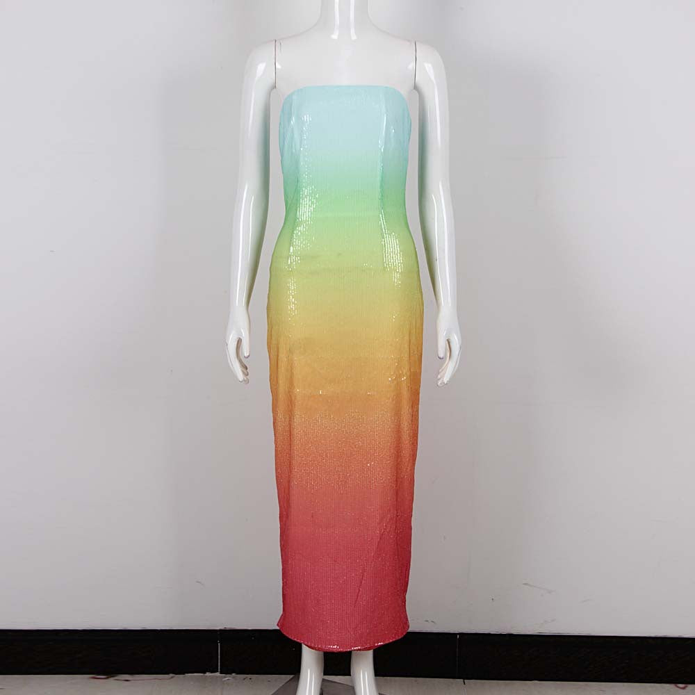 European And American Women's Clothing Fashion Sexy Figure Tube Top High Waist Gradient Color Dress Women